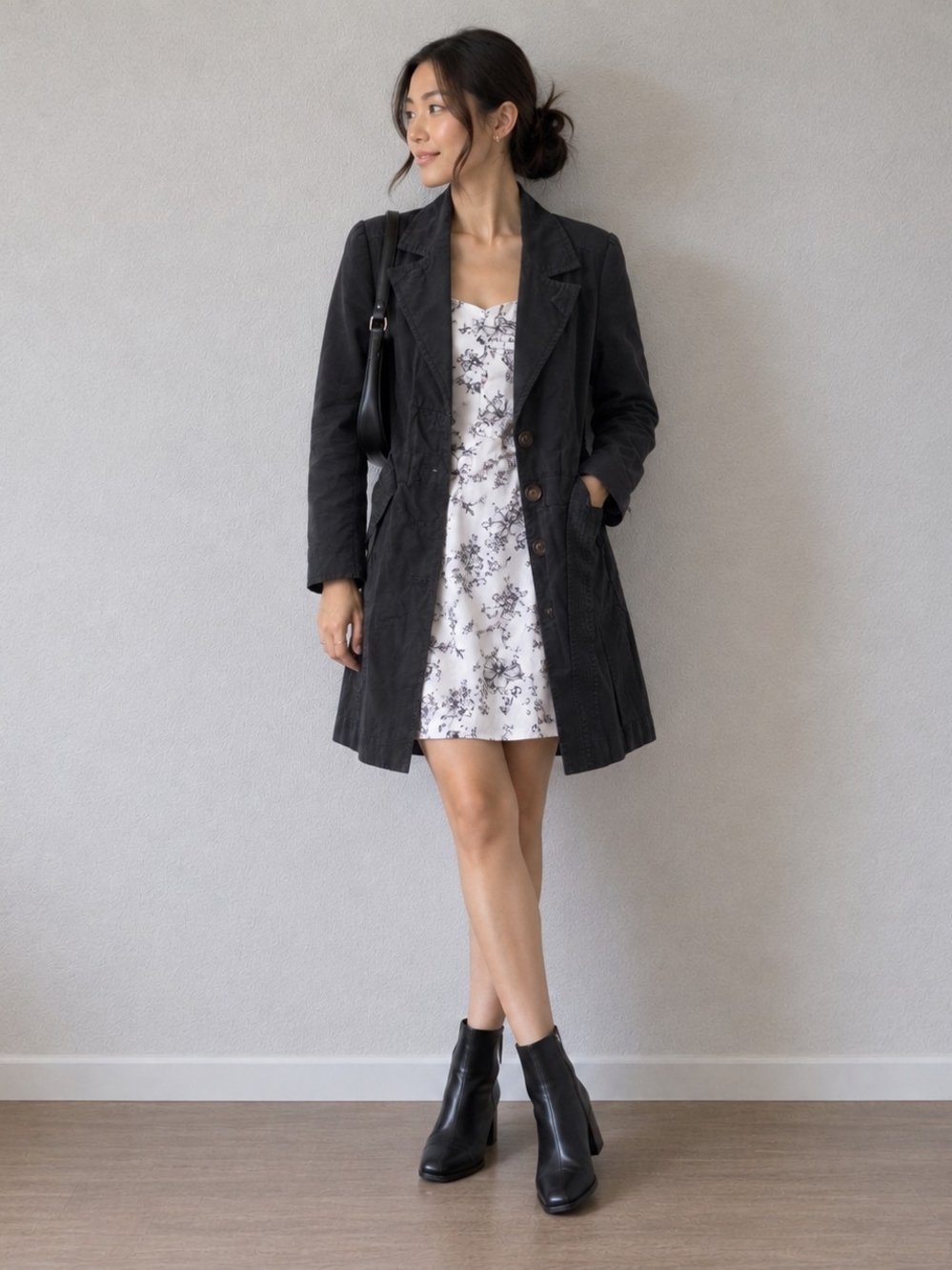H&M Black Long Trench Coat with Tailored Lapels